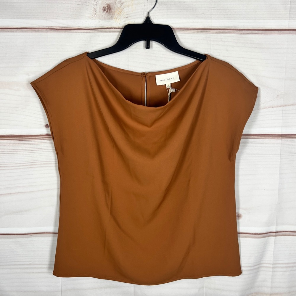 Melloday Cowl Neck Top Womens Small Brown Solid Cap Sleeve Pullover Blouse Woven